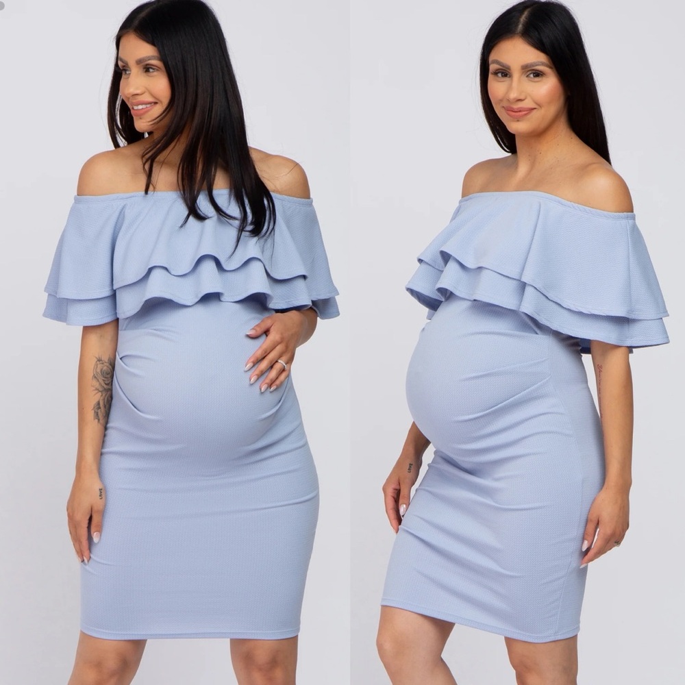 Pinkblush Light Blue Ruffle Off Shoulder Ruched Maternity Mini Dress